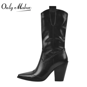 Onlymaker Stivale a metà polpaccio da donna con punta a punta Nero opaco Cucito ricamato Tacchi spessi Cerniera Stivali da cowboy invernali di grandi dimensioni 1