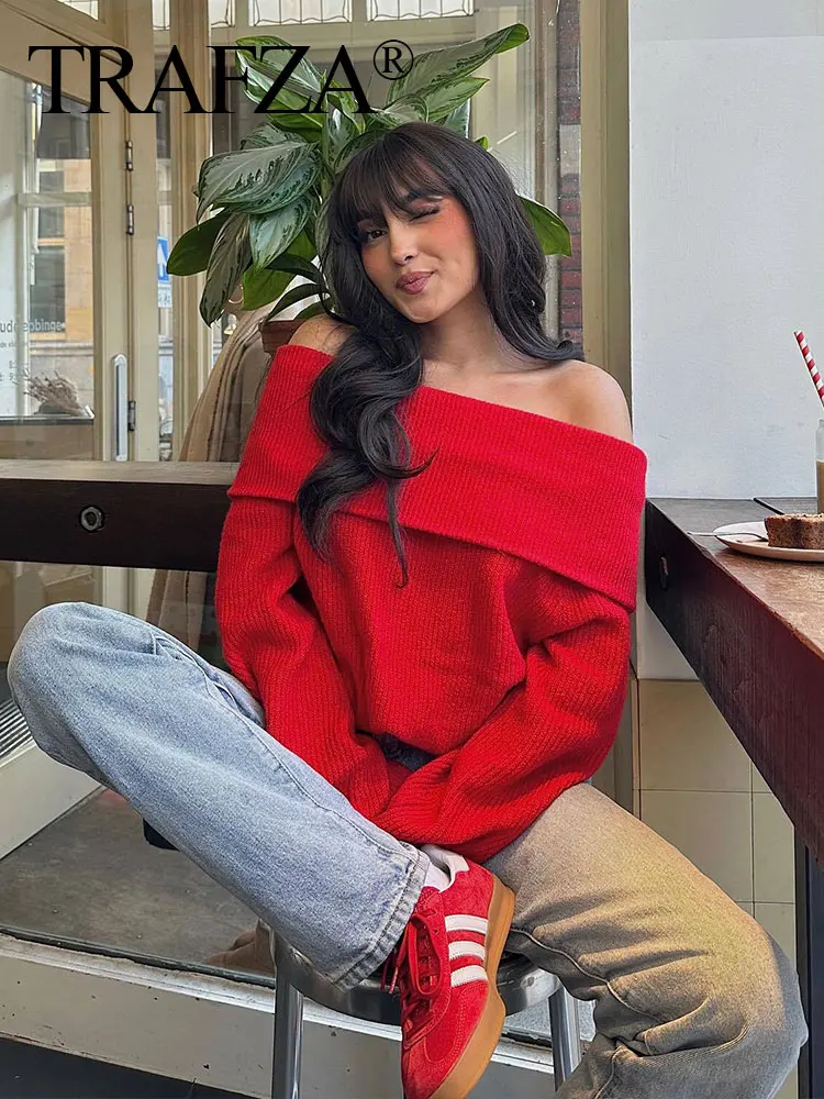 TRAFZA maglione da donna alla moda con spalle scoperte maglione pullover lavorato a maglia a maniche lunghe autunno femminile maglieria casual top chic 3