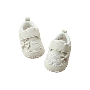 Pudcoco Scarpe da principessa per bambina, Morbida pelle PU con lettere ricamate con fiocco Fondo antiscivolo Scarpe da primo camminatore Scarpe da bambino 1