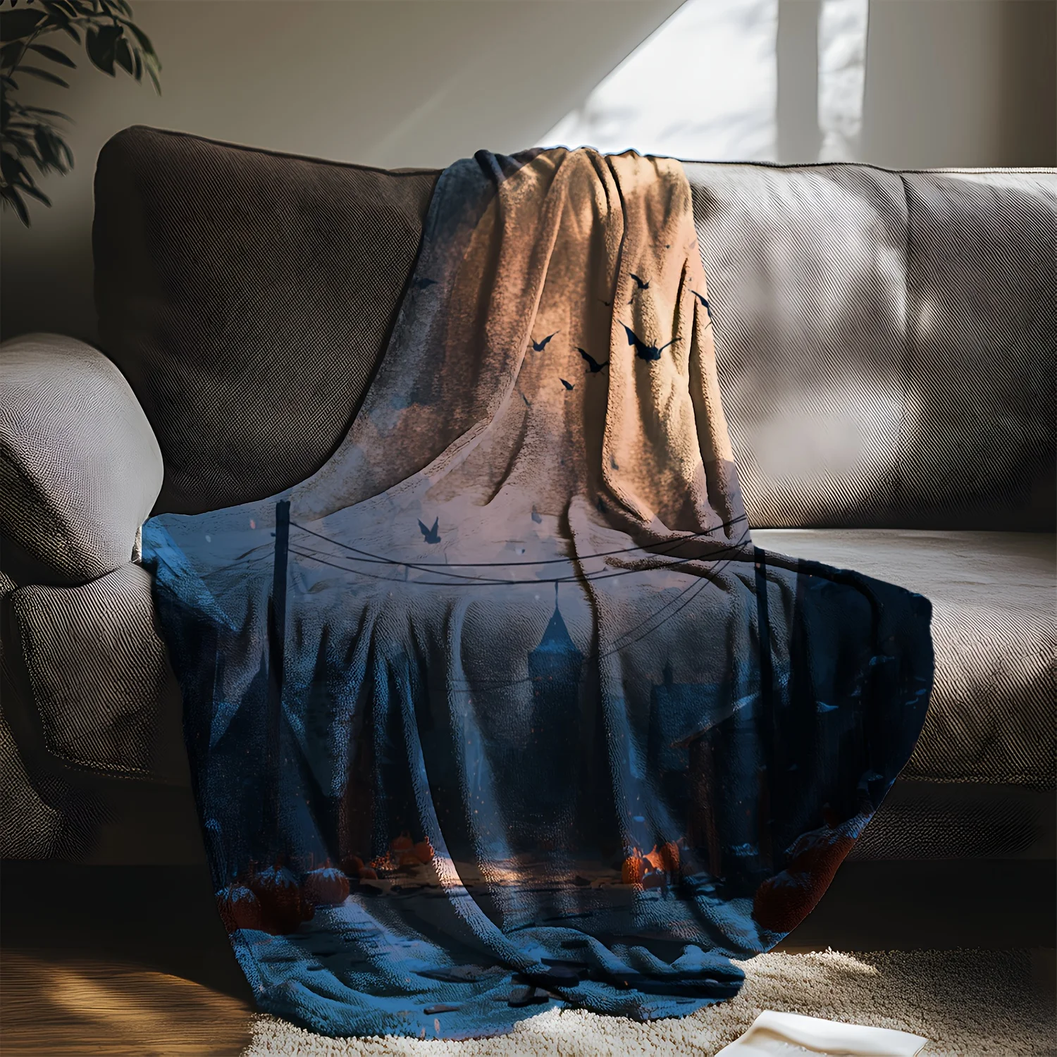 1 coperta in flanella gotica del villaggio invernale con luna piena, pipistrelli e case di zucca - Morbido tiro accogliente blu e marrone per divano, letto 5