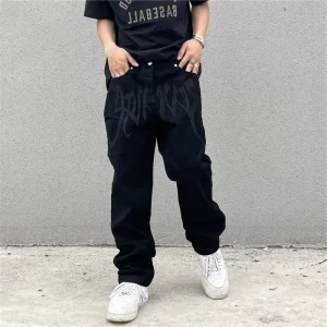Jeans da lettera ricamati neri vintage alla moda Pantaloni da gioventù a gamba dritta vestibilità ampia Hip Hop Tessuto sottile Origine continentale della Cina 1