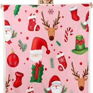 Coperta Sherpa di buon Natale per divano, decorazione natalizia, cervo, alce, in pile super morbido e accogliente, albero di Natale e pupazzo di neve per l'inverno 1