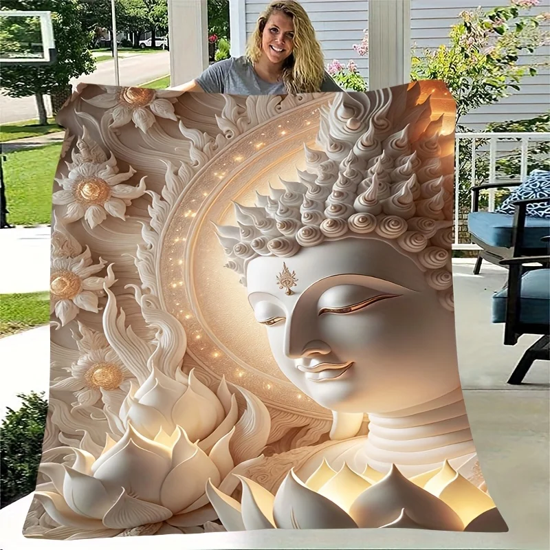 Coperta in flanella con stampa testa di Buddha sacra Zen vintage da 1 pezzo - Morbida, calda, accogliente, lavabile in lavatrice - Ideale per divano, letto, ufficio, 4