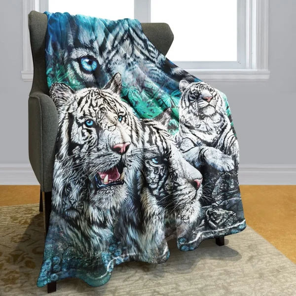 Coperta da tiro con tigre bianca, morbida e accogliente, calda coperta di flanella, tigre bianca siberiana sotto le coperte da notte stellata blu per divano letto 3