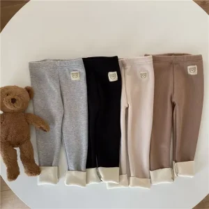 Leggings foderati in pile per ragazze Pantaloni elastici invernali con toppe per orsi caldi Pantaloni morbidi per bambini 1-6 anni 1