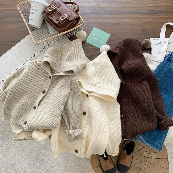 0-6T Cappotto per bambini per bambini Maglioni solidi Giacca invernale per bambini a maniche lunghe con cappuccio Autunno Neonate Ragazzi Vestiti Cardigan 4
