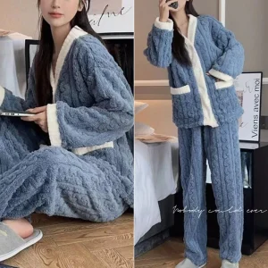 2 pz/set Autunno E Inverno Pigiama Donne Addensato Imbottito Caldo Studenti Corallo Ragazze Coagulo Vestito di Velluto Homewear Cardigan Pantaloni 1