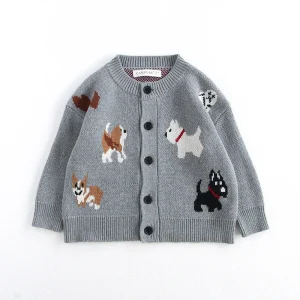 MILANCEL Giacca maglione per bambini primaverili 1-8 Y Jacquard Cute Dog Boys Cardigan monopetto con fibbia Top Maglione lavorato a maglia per ragazze 1
