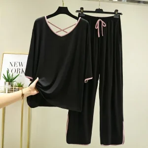 Plus Size 5XL 150kg Colore Solido Autunno Casa Vestito Allentato Degli Indumenti Da Notte Coreano Pigiama Set Pantaloni Elegante Harajuku Vestiti Per La Casa 1