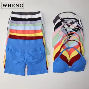 WHENG Set da palestra 2 pezzi Reggiseno da yoga con spalline da donna Top da allenamento Pantaloncini scrunch Tuta sportiva Abbigliamento fitness Set da yoga senza cuciture 1