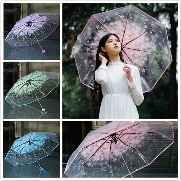 1 pz portatile carino fiore pioggia per uso domestico fiore di ciliegio ombrello trasparente protezione dal vento e dalla pioggia ombrello in PVC 3 pieghe 2