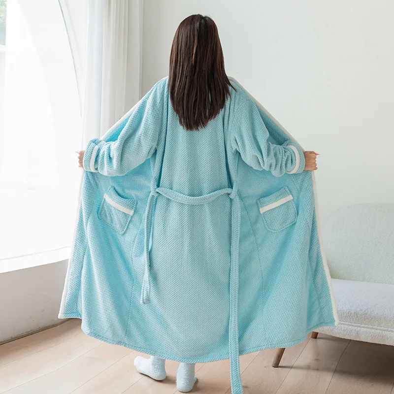 Caldo Autunno Inverno Corallo Pile Accappatoio Manica Lunga Esteso Accappatoio Homewear Accogliente Kimono Doccia Vestaglie Camicia Da Notte Allentata 5