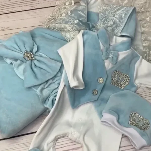 Set di abiti per pagliaccetto per bambini in velluto blu royal Set di vestiti per coperte per la reception di corone di lusso per la scuola materna di casa di benvenuto 6
