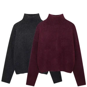TRAFZA maglione dolcevita vintage bordeaux da donna pullover lavorato a maglia casual a maniche lunghe autunno inverno donna maglieria calda solida 1