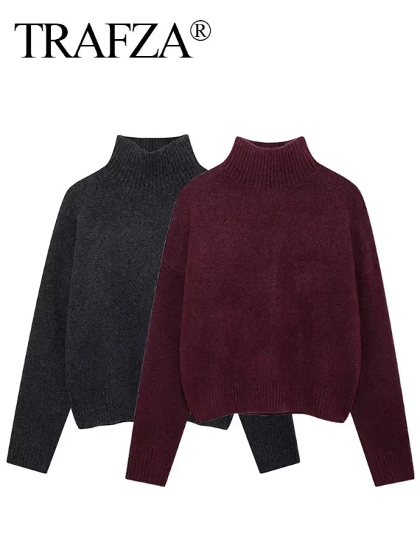 TRAFZA maglione dolcevita vintage bordeaux da donna pullover lavorato a maglia casual a maniche lunghe autunno inverno donna maglieria calda solida 1