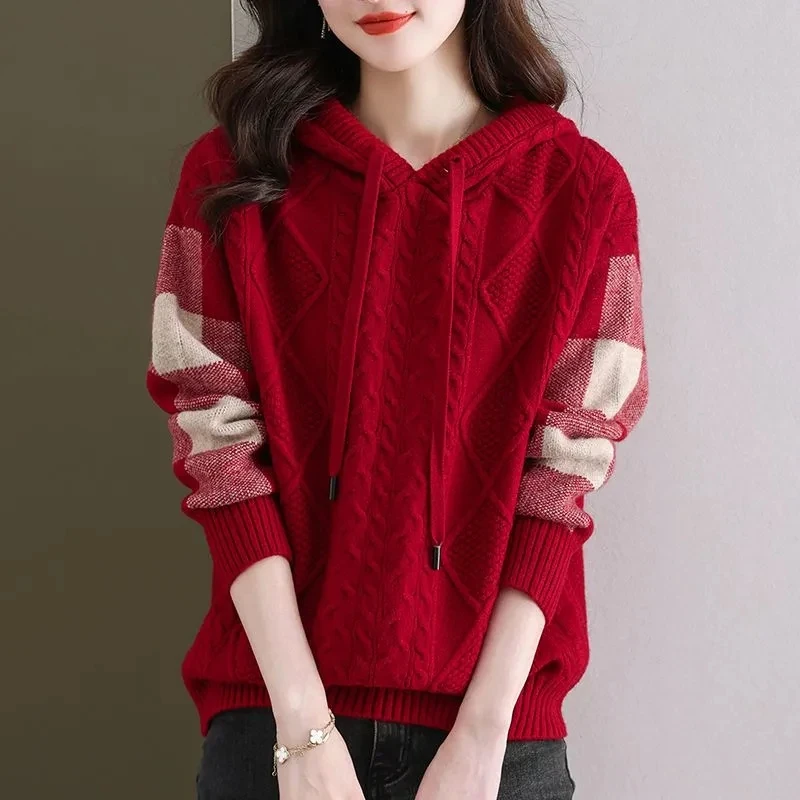 Maglione pullover da donna 2025 Nuovo autunno inverno Riduzione dell'età Maglione femminile versatile con cappuccio Indossa una camicia sottile da donna che tocca il fondo 6