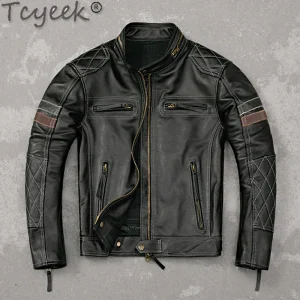 Tcyeek Genuino Giacca di Pelle Da Uomo Strato Superiore Cappotti di Pelle di Vaca Primavera Autunno Cappotto di Pelle Da Uomo Moto e Biker Giubbotti Jaqueta Masculina 1