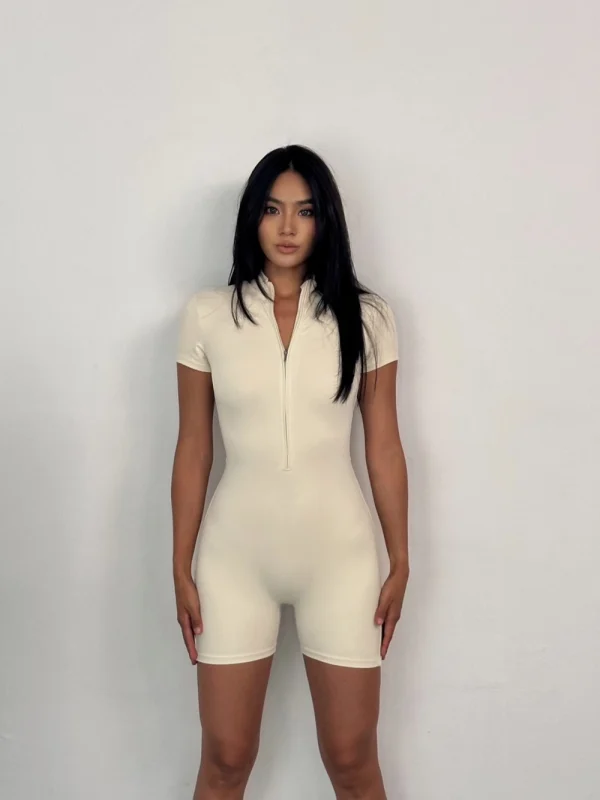 Tute da yoga da donna manica corta sottile slim fit elasticizzata tute intere pagliaccetto fitness sexy femminile cerniera di base abbigliamento sportivo 3