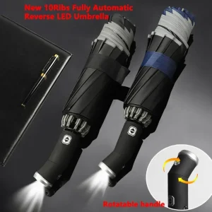 Ombrello di protezione solare completamente automatico Ombrello impermeabile pieghevole con torcia a LED Parasole UV Resistenza al vento antipioggia 1