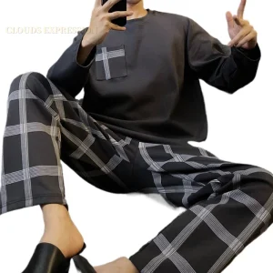 Primavera Autunno Pjs lavorato a maglia Pigiama da uomo a figura intera Pigiama maschile Plaid Pigiama per indumenti da notte maschili Abbigliamento PJ per la casa 1