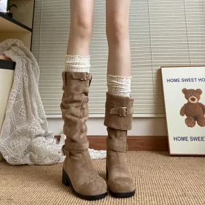 Stivali da cowboy occidentali da donna con tacco spesso e plateau Moda slip on stivaletti lunghi in pile piegato scarpe femminili autunno inverno 1