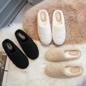 Big Size 43 pantofole da donna in lana d'agnello scarpe invernali in pelliccia di pecora da donna scivoli in cotone piatto Home Pantuflas Slip quotidiano su muli pelosi 1