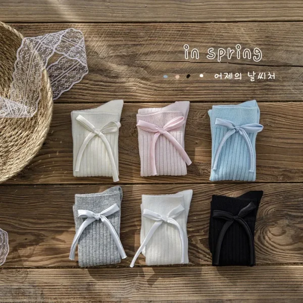 1 paio di calzini dolci da principessa con fiocco per ragazze, calzini scolastici in morbido cotone color caramello, moda primavera autunno per bambini 3