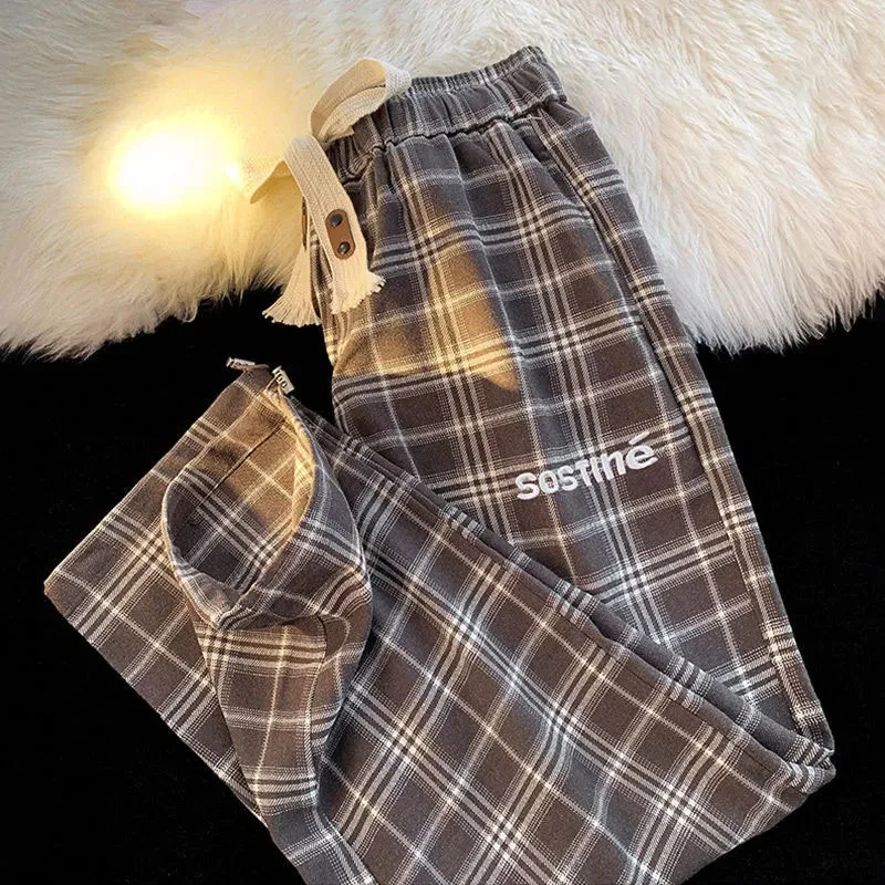 Nuova moda primaverile e autunnale alla moda di marca retrò Plaid gamba larga pantaloni gamba dritta versatili pantaloni Casual larghi e alla moda 2