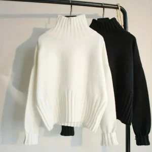 Lucyever Maglioni autunno inverno bianco nero Donna Pullover lavorato a maglia morbido e spesso vestibilità ampia Maglione dolcevita a maniche lunghe femminile 1