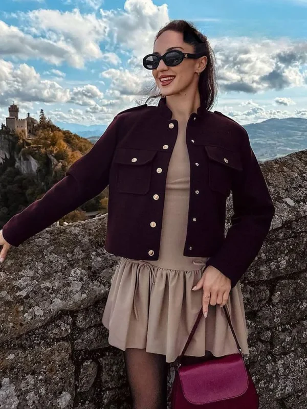 ZBZA Giacca da donna retrò rosso vino Stand collar manica lunga monopetto spalline abbottonate Colore solido cappotto casual tasca applicata Autunno inverno Nuova giacca femminile chic 5