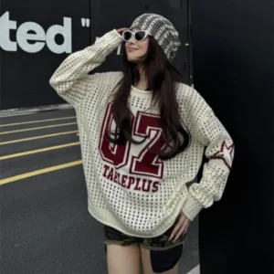 Top da donna Y2k per uscire Camicie oversize in jersey all'uncinetto Pullover grafico girocollo Maglione scavato 1