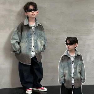Camicia a maniche lunghe per neonato Età 2-11 anni Bambino Autunno Giacca di jeans classica Camicia da ragazzo Abbigliamento da esterno Cappotto di moda casual per ragazzo 1