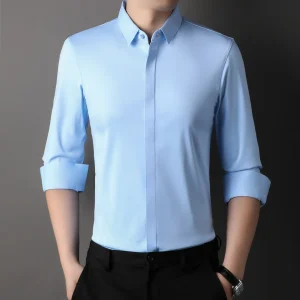 Camicia a maniche lunghe da uomo calda autunnale Casual antirughe tinta unita scuro senza marmo 1