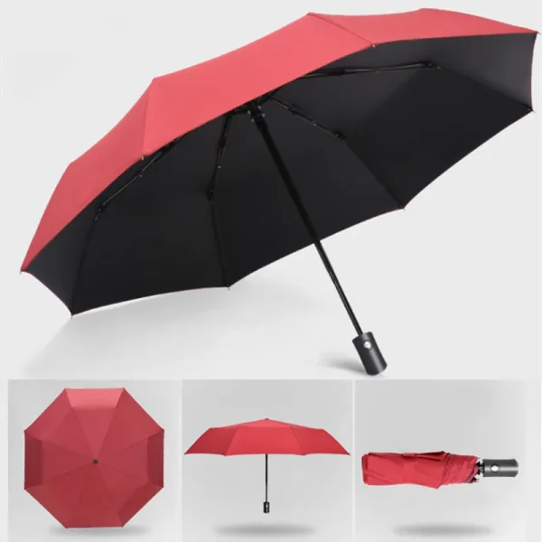 Ombrellone automatico per pioggia e sole Rivestimento nero Ombrellone Anti-UV 3 Pieghevole Resistente al vento Auto di lusso Grande antivento Donna Uomo 8 posti 2