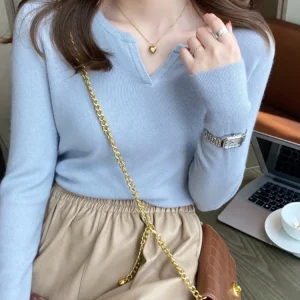 Top a maniche lunghe versatili slim casual da donna Pullover eleganti con scollo a V solido Autunno Inverno Moda maglione lavorato a maglia Abbigliamento donna 1