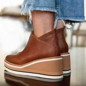 Stivali da donna con zeppa Stivaletti femminili retrò Tendenza Stivaletti con plateau e punta tonda Comode scarpe in pelle con cerniera per donna con tacco 1