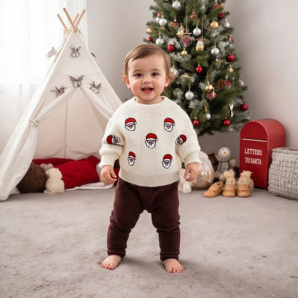 Maglione natalizio per bambino da bambino Top pullover lavorato a maglia a maniche lunghe a costine ricamato con Babbo Natale per l'autunno inverno 5