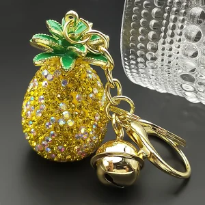 Portachiavi con ananas giallo grande scintillante per donna uomo glitter strass piccola campana frutta dolce borsa ciondoli portachiavi gioielli 1