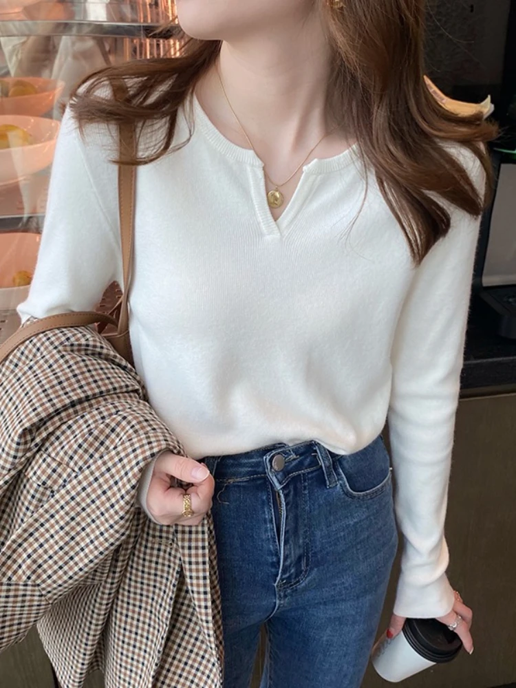 Top a maniche lunghe versatili slim casual da donna Pullover eleganti con scollo a V solido Autunno Inverno Moda maglione lavorato a maglia Abbigliamento donna 2