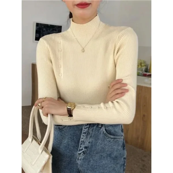 Maglione lavorato a maglia da donna dolcevita con bottoni a maniche lunghe pullover slim per maglioni femminili autunno inverno top morbidi e caldi 5