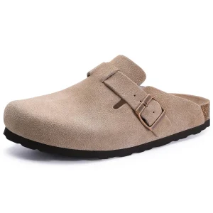 Shevalues Zoccoli in pelle scamosciata da donna Pantofole classiche in sughero Pantofole piatte da casa femminile Zoccoli da esterno slip-on Scivoli da spiaggia Ciabatte in sughero da uomo 1