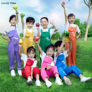 Salopette colorata Hip Hop per bambini Salopette dolce per ragazze Tuta color caramello per bambini Pagliaccetto da ballo di strada Pantaloni streetwear per ragazzi 1