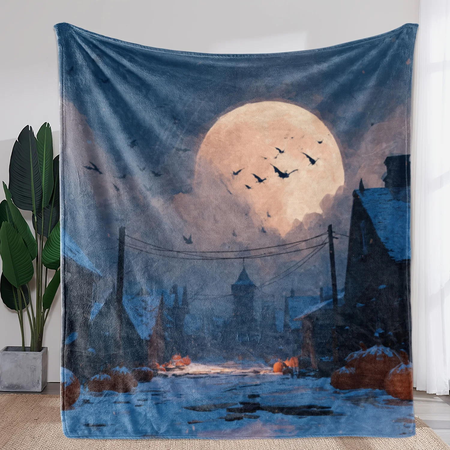 1 coperta in flanella gotica del villaggio invernale con luna piena, pipistrelli e case di zucca - Morbido tiro accogliente blu e marrone per divano, letto 1