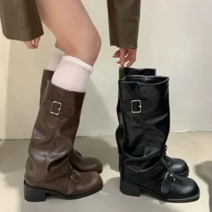 Stivali da donna Piattaforma alta al ginocchio Tacchi grossi Tendenza Punk Gotico New Rock Pelle Moda Scarpe da donna Calzature da moto 1