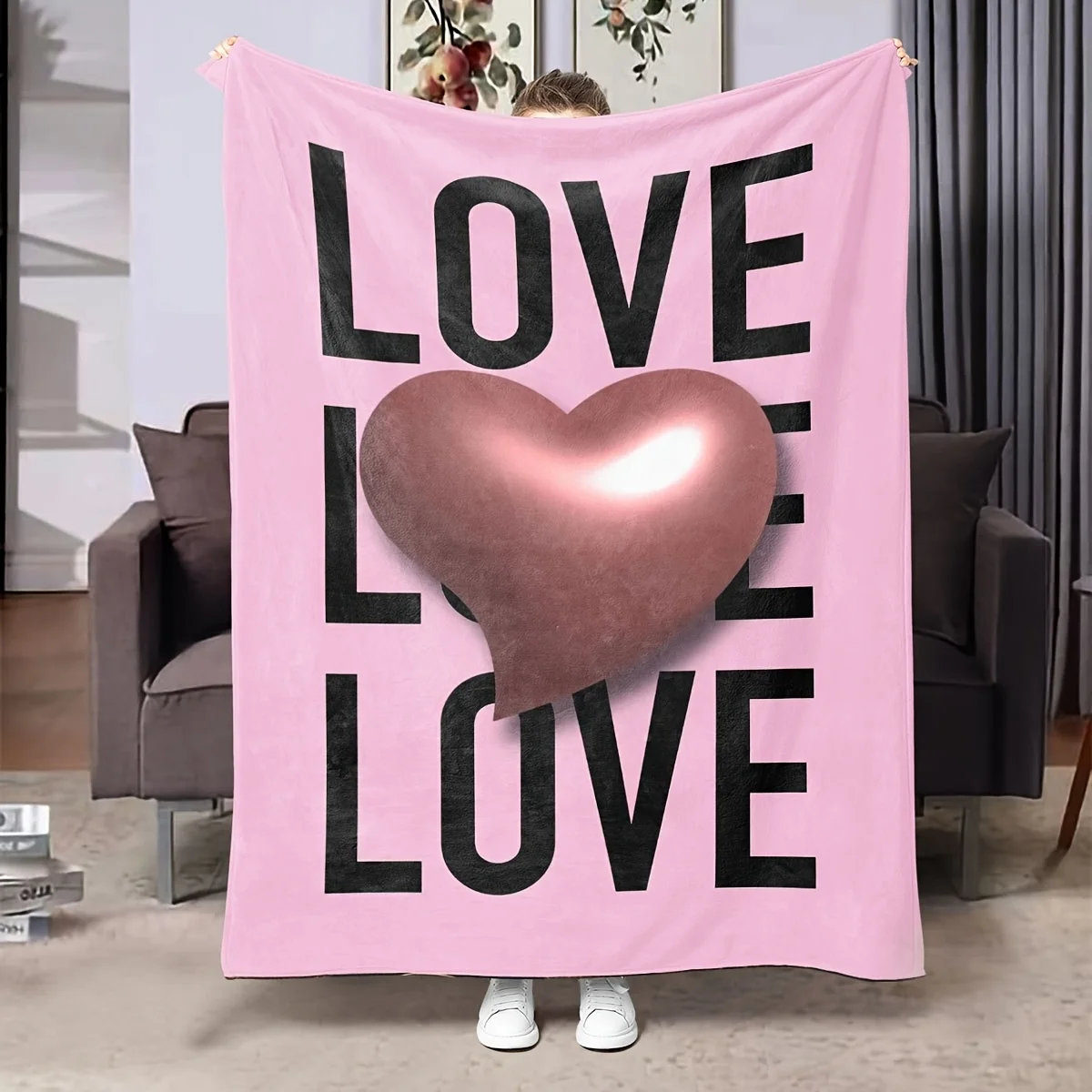 1 coperta in peluche a forma di cuore di San Valentino: coperta in flanella rosa ultra morbida con stampa "LOVE", perfetta per divano, letto o romantico 1