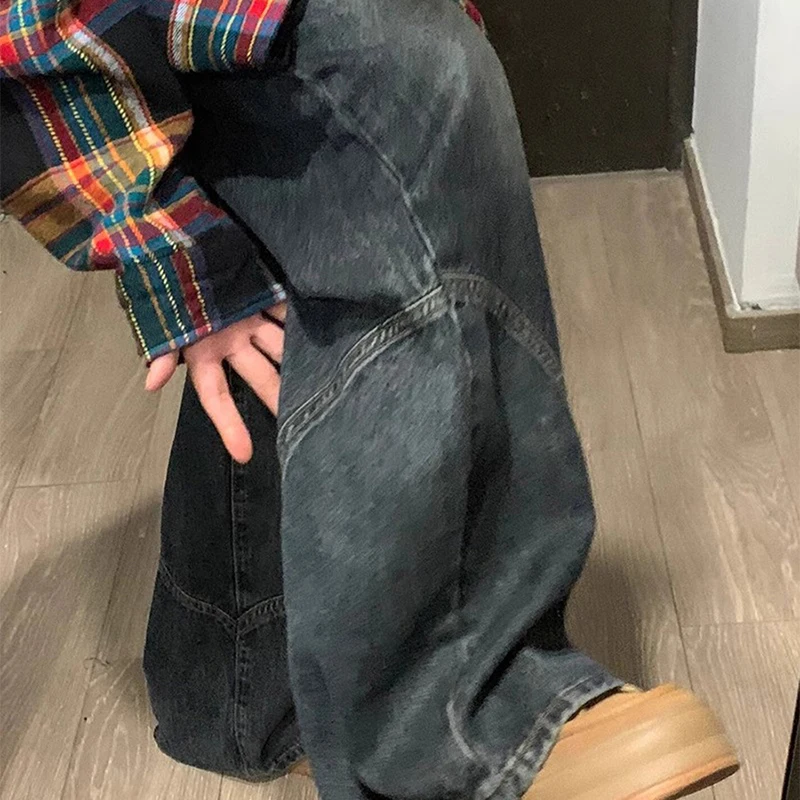 Y2K Spicy Girl Dark Series Jeans a gamba larga da donna New High Street Splicing Pantaloni svasati dimagranti a vita alta larghi 2