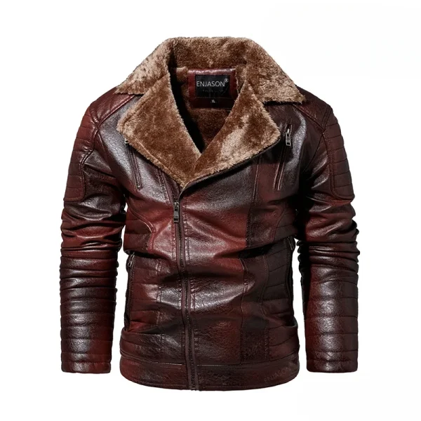 Giacca in pelle da uomo Autunno e inverno Nuovo design con cerniera inclinata in tinta unita Cappotto da viaggio con risvolto da uomo Abbigliamento in pelle calda 2