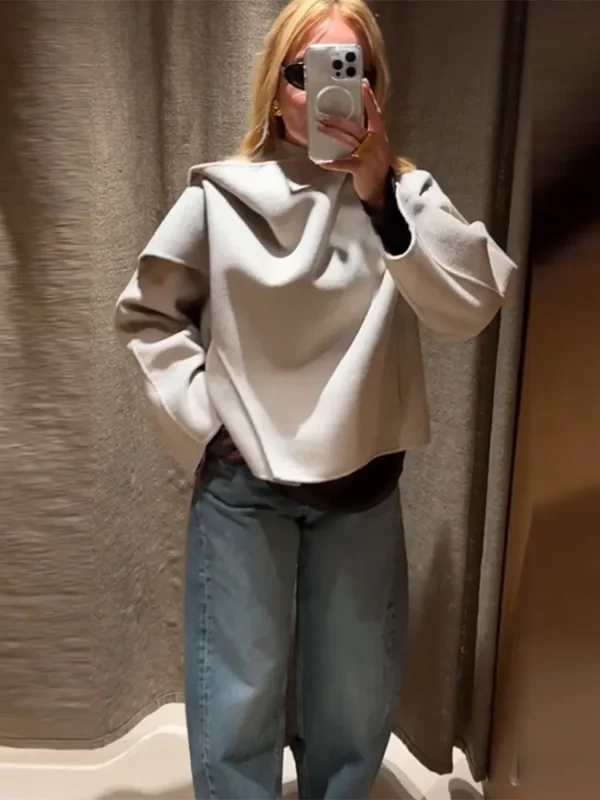 Cappotto con colletto avvolgente in misto lana beige Orlo asimmetrico Polsini svasati Allentato 2025 Autunno Elegante giacca da donna Office Chic Lady Soprabito 1