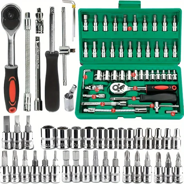 Set di chiavi a cricchetto da 46 pezzi Set di chiavi a cricchetto da 1/4 di pollice con prese Set di bussole a punta esagonale metrica Kit di strumenti meccanici per riparazioni auto Hous 1