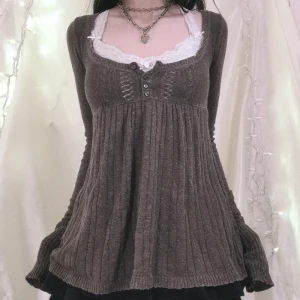 Maglione lavorato a maglia babydoll a maniche lunghe vintage anni 2000 Top Cottage Milkmaid Pullover Estetico Grunge Y2k Maglieria T-shirt Donna 1